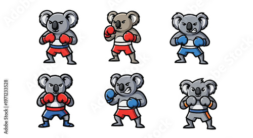 Cartoon koala bear boxer poses set with gloves and shorts