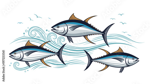 Dynamic illustration of three tuna fish swimming through stylized blue ocean waves with small birds flying in the background.