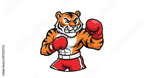 Cartoon tiger boxer in red gloves and shorts isolated on white