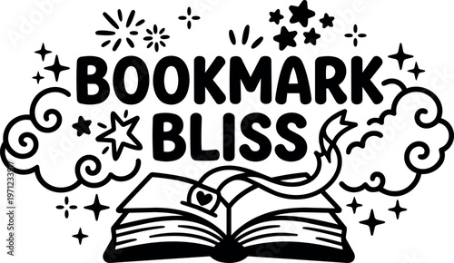 Black and white bookmark bliss phrase with open book and stars vector art