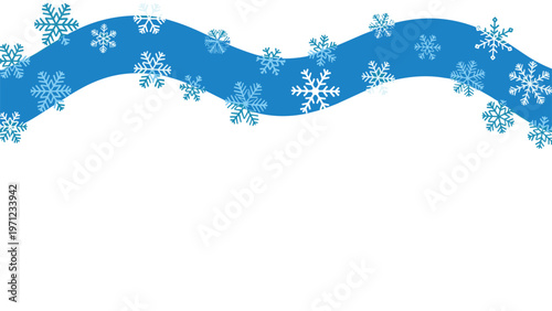 Decorative winter border featuring a flowing blue wave adorned with various snowflake designs against a plain white background for festive use.