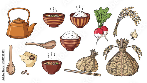 Diverse collection of traditional Japanese food elements including miso soup bowls, rice, a teapot, radishes, and rice stalks in a charming style.