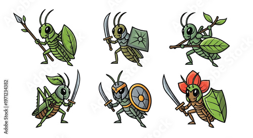 Cartoon grasshopper warriors with weapons and shields isolated on white background
