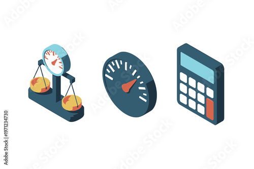 Isometric icons representing justice speed and calculation concepts