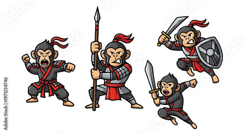 Cartoon monkeys in warrior attire with weapons against a white background