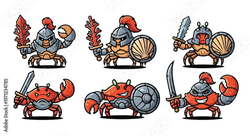 Cartoon crab warriors with swords and shields on white background