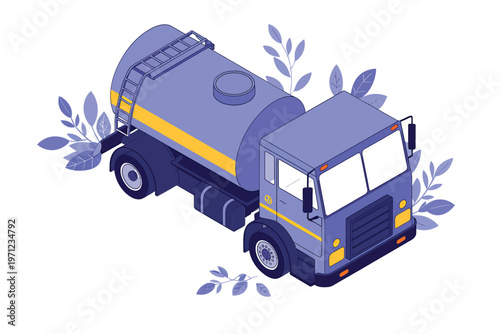 Isometric illustration of a purple and yellow septic tank truck with foliage