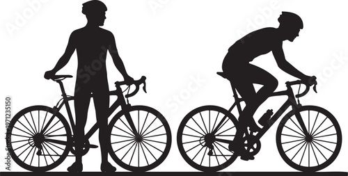 Cyclists silhouette one standing with bicycle one riding