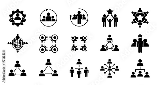 Group teamwork and collaboration icons depicting teamwork, leadership, and group dynamics in a workplace setting.
