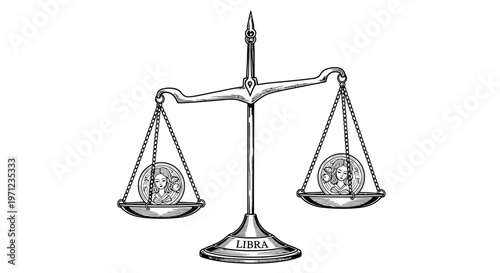 Libra zodiac symbol of balance and equality on a scale with coins on each side