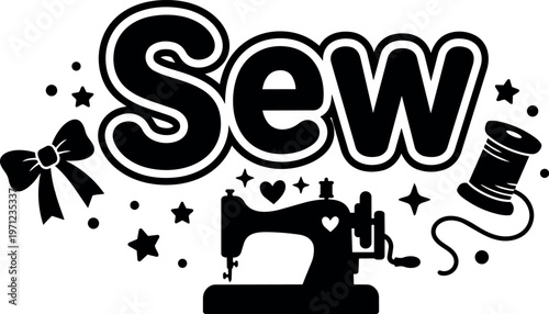 Black and white sew lettering with sewing machine spool and bow vector art