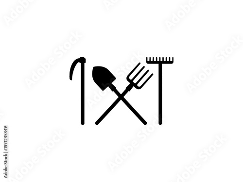 Gardening tool icons set with shovel rake pitchfork and sickle