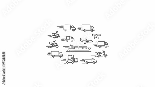 Logistics and delivery transportation icons set on white background