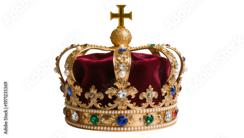 Photography Ornate Gold Crown with Red Velvet Cushion and Jeweled Cross