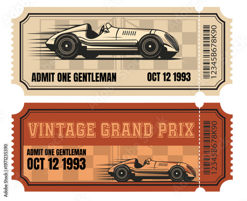 Vintage Grand Prix racing tickets with retro race car illustration. Antique admit one gentleman event passes. Classic motorsport competition vector set.