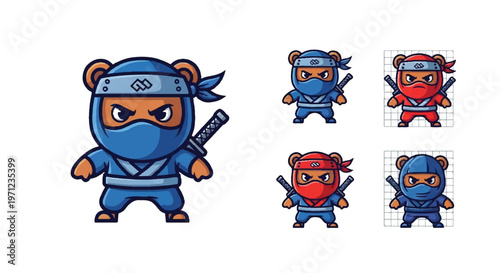 Cartoon ninja bear character set