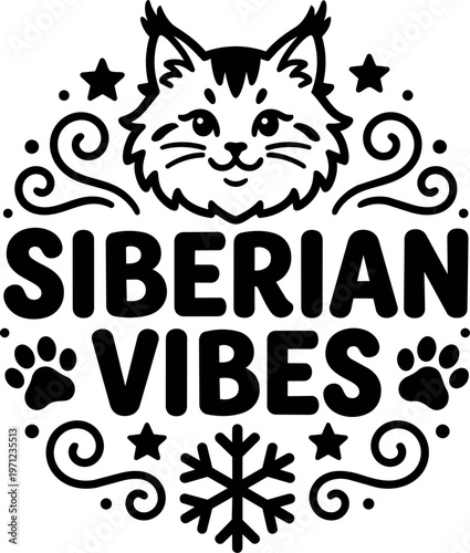 Black and white siberian vibes with cat face and snowflake vector art