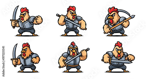 Cartoon chicken warrior poses with weapons illustrations