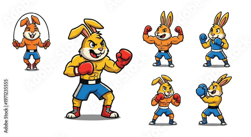 Cartoon boxing rabbit collection athletic poses and sports illustrations
