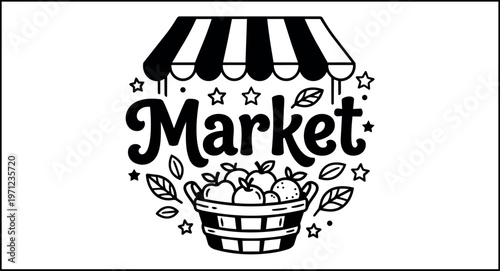 Black and white market lettering with fruit basket and striped awning vector art
