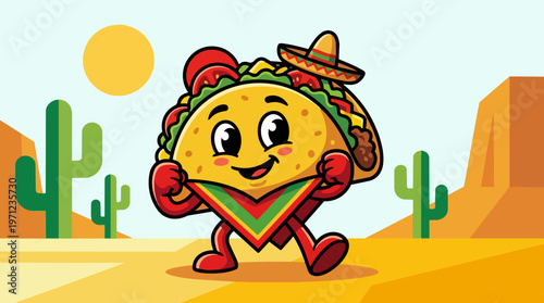 Taco character in desert landscape.