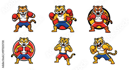 Cartoon tiger boxer set isolated on white background vector illustration