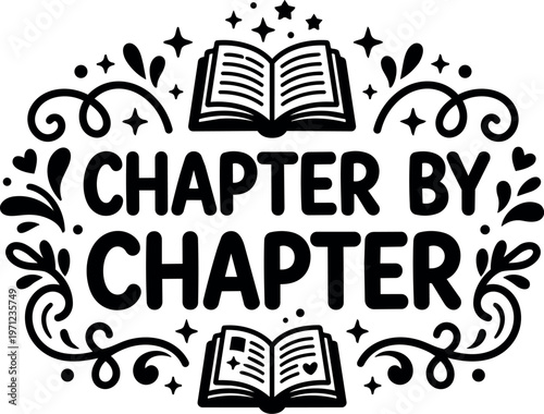 Chapter by chapter text with open book and decorative swirls vector art illustration