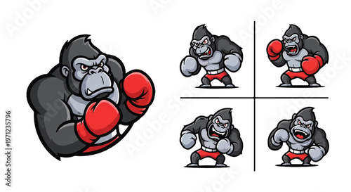Boxing gorilla mascot cartoon vector illustrations set