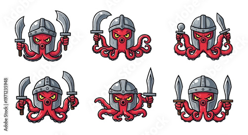 Cartoon octopus warriors with swords and helmets