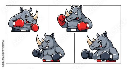 Cartoon rhino boxing poses comic strip illustration