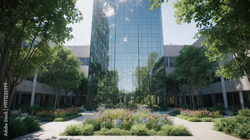 Modern glass skyscraper reflecting trees and sky, situated in a corporate courtyard with blooming flower beds, green trees, and paved walkways under a clear sunny sky.