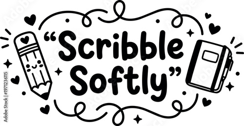 Scribble softly text with smiling pencil and notebook line art vector illustration