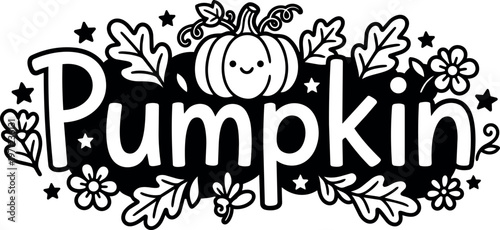 Pumpkin text with cute smiling pumpkin and floral stars vector art