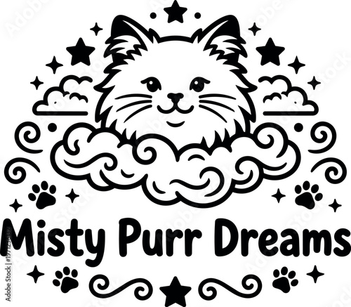 Cat head with stars clouds and misty purr dreams text vector art