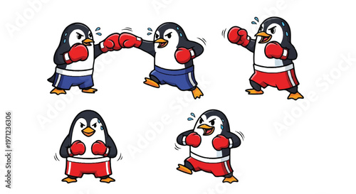 Cartoon penguins in boxing poses vector illustration