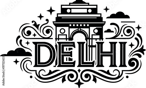 Black and white line art india gate delhi lettering with decorative swirls