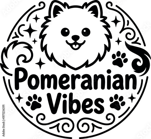 Black and white pomeranian vibes with happy dog face and paw prints vector art