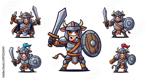 Cartoonish cow warrior characters with swords and shields