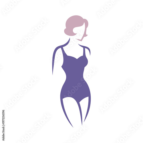 Logotipo con dibujo con líneas de una mujer con pelo corto y bikini de estilo retro, posando de pie