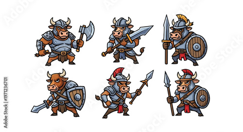 Cartoon warrior bulls set with weapons and armor isolated
