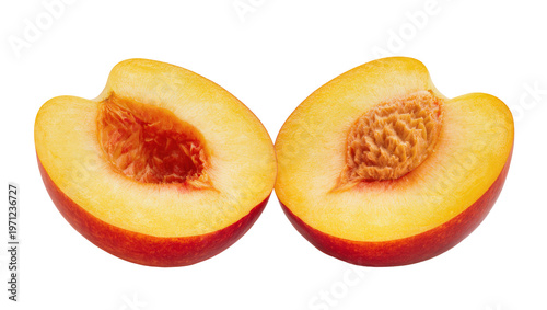 Foto Ripe juicy halved peach with pit and vibrant orange flesh