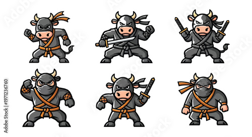 Cartoon ninja bull characters posing with weapons vector illustration