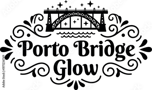 Porto bridge glow with ornamental swirls and stars black and white vector art