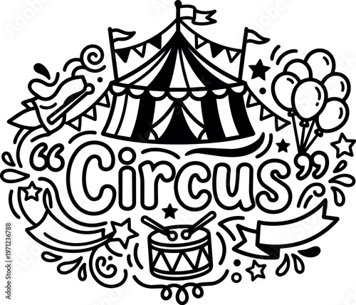 Circus lettering with tent flags balloons drum and hotdog line art vector