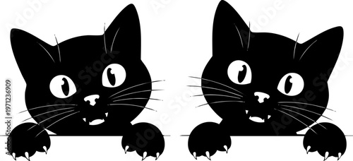 Black cat peeking vector illustration, cute kitten heads with paws over edge, curious feline silhouettes for animal shelter posters and pet decor