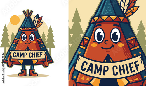 Cartoon Chief Holding Camp Sign.