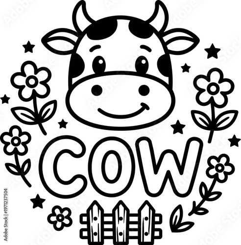 Cute smiling cow face with flowers stars and wooden fence line art vector