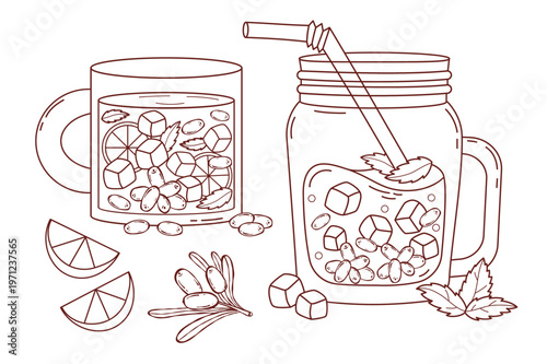Sea Buckthorn Drink Tea Mug and Mason Jar Lemonade. Beverage with Ice Cube and Mint. Isolated Hand Drawn Drink Contour on White Background. Vector Illustration. Coloring page.