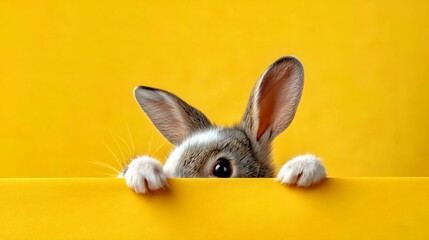 Rabbit with gray and white fur peeking over a bright yellow surface, showcasing large ears and curious expression against a vibrant background
