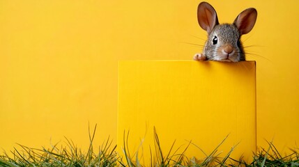 Cute gray rabbit peeking over a bright yellow box surrounded by green grass against a vibrant yellow background, ideal for spring or Easter-themed designs